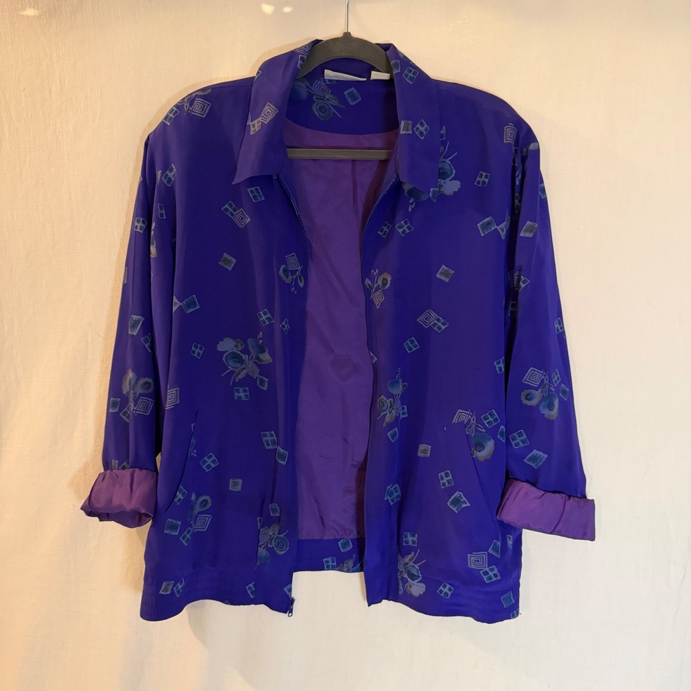 Alfred Dunner Vintage 100% Silk Purple Floral Geometric Zip Up Jacket Size 10
